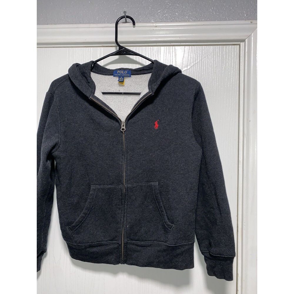 RALPH LAUREN POLO Jacket Full Zip Boys Sz Med 10 12 Hooded Gray Green Pony - Picture 3 of 4